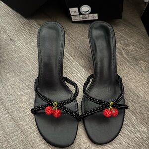 Cherry Embellished kitten heels. Size 6.5. New in box.